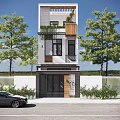 Modern Three Story Detached Villa Exterior With Wooden Accents Balcony Green Plants Large Trees