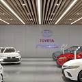 Modern Car Showroom Exterior Featuring Glass Windows Wooden Stripes And Displayed Cars With Green Plants