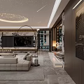 Modern Living and Dining Room Interior with Circular Ceiling Light Sofa Coffee Table and Bookshelf