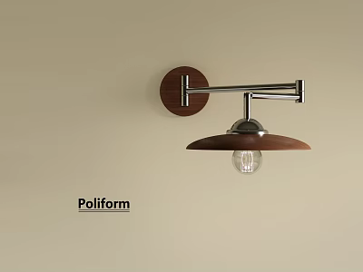 Stylish Poliform Wall Lamp With Wooden Base Metal Arm And Round Shade 3d model