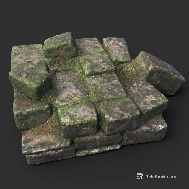 Decorative Weathered Stone Blocks Stacked With Green Moss And Natural Texture 3d model 