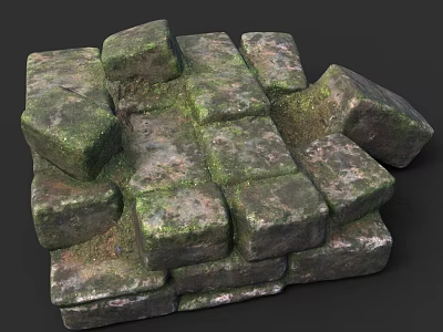Decorative Weathered Stone Blocks Stacked With Green Moss And Natural Texture 3d model