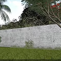 Garden Landscape With White Brick Wall Green Lawn And Trees Under Blue Sky