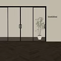 Glass Sliding Doors With Black Frame In Modern Interior With Wooden Floor And Potted Plant
