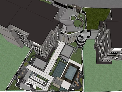 Garden Landscape Design With Buildings Green Spaces Paths And Water Features 3d model