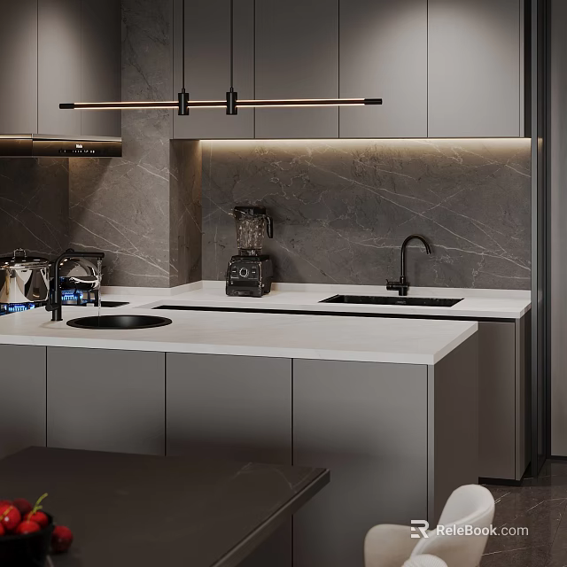 Modern Gray Kitchen With Marble Backsplash White Countertop Sink Cabinets And Pendant Lights 3d model 