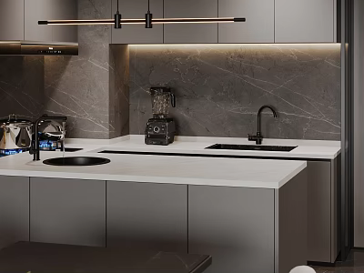 Modern Gray Kitchen With Marble Backsplash White Countertop Sink Cabinets And Pendant Lights 3d model