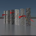 Art Installation with Gray Black Columns Red Gray Ribbons Under Blue Sky Over Water Surface