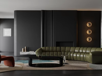 Modern Living Room Interior With Black Walls Green Leather Sofa And Circular Lights 3d model
