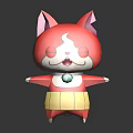 Red And White Cartoon Cat Character With Pink Ears Arms Outstretched Yellow Shorts And Reflection