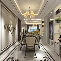 Elegant Luxury Dining Room Interior With Chandelier Dining Table Chairs And Decorative Shelves
