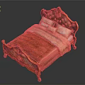 Classical Wooden Bed With Carved Headboard Red Beige Mattress And Decorative Pillows
