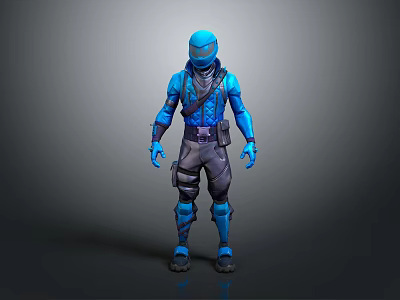 Blue Masked Game Character In Full Body Armor With Black Tactical Gear And 3D Standing Model 3d model