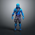 Blue Masked Game Character In Full Body Armor With Black Tactical Gear And 3D Standing Model