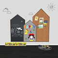Kids Room Background Wall With House Shaped Chalkboard Corkboard Cloud Sun Decals And Building Blocks