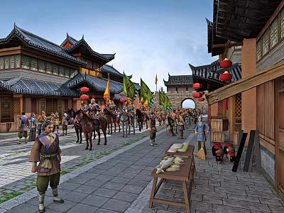 Ancient Historic Commercial Street With Traditional Buildings Red Lanterns Stalls Pedestrians And Horses 3d model