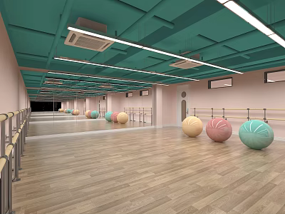 Spacious Fitness Studio With Wooden Floor Green Ceiling Mirrors Balustrades And Colorful Exercise Balls 3d model