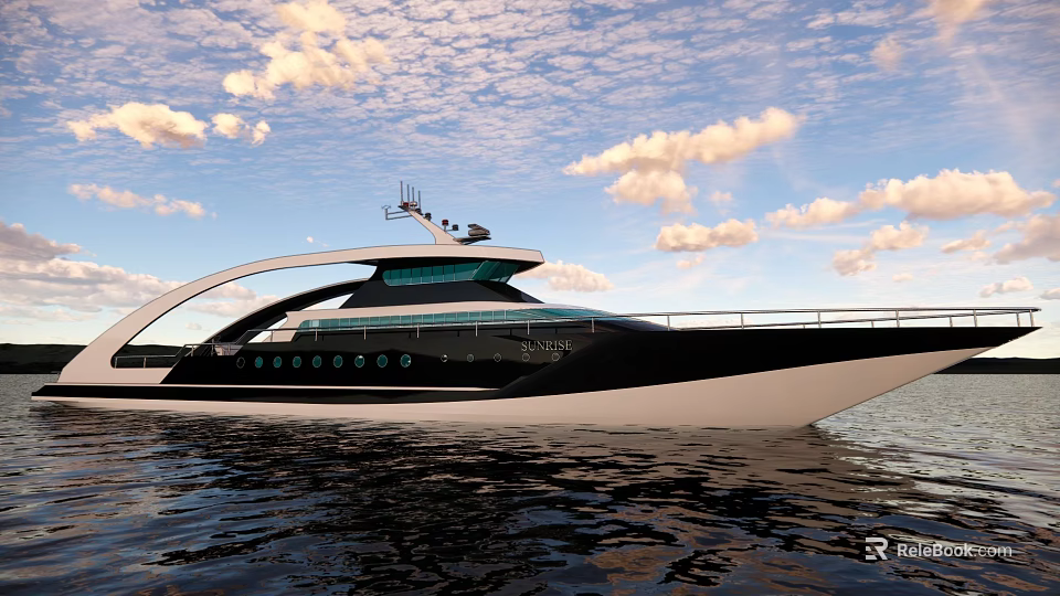 Modern Luxury Yacht On Water Under Partly Cloudy Sky 3d model 