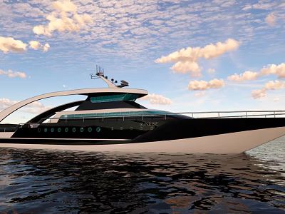 Modern Luxury Yacht On Water Under Partly Cloudy Sky 3d model