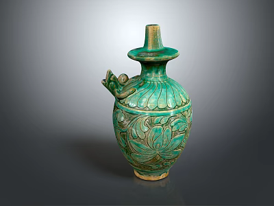 Ancient Green Glazed Ceramic Vase With Lotus Patterns And Dragon Handle 3d model
