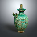 Ancient Green Glazed Ceramic Vase With Lotus Patterns And Dragon Handle 3d model