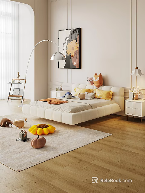 White Kids Bed with Plush Toys Yellow Pillows and Pumpkin Toys on Wooden Floor Rug 3d model 