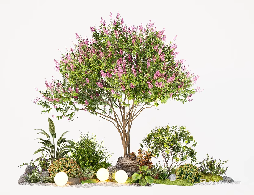 Plant Combination with Pink Flowering Tree Surrounding Greenery Stones and White Lights 3d model 