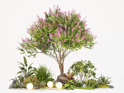 Plant Combination with Pink Flowering Tree Surrounding Greenery Stones and White Lights 3d model