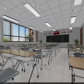 Modern School Classroom Interior With Desks Chairs Teacher's Desk Blackboard And Windows