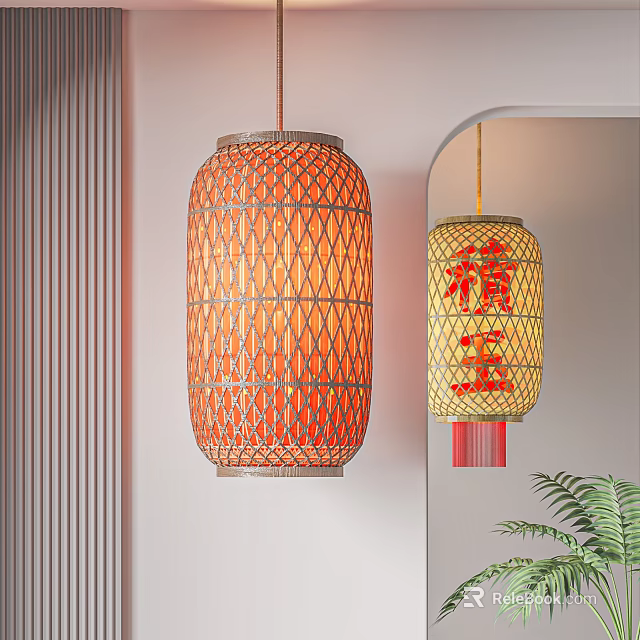 Orange Woven Texture Lantern and Red Chinese Character Lantern Hanging in Modern Interior 3d model 