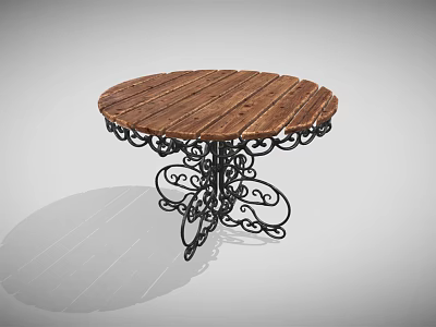 Rustic Outdoor Table With Wooden Plank Top And Decorative Metal Curved Legs 3d model