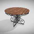 Rustic Outdoor Table With Wooden Plank Top And Decorative Metal Curved Legs