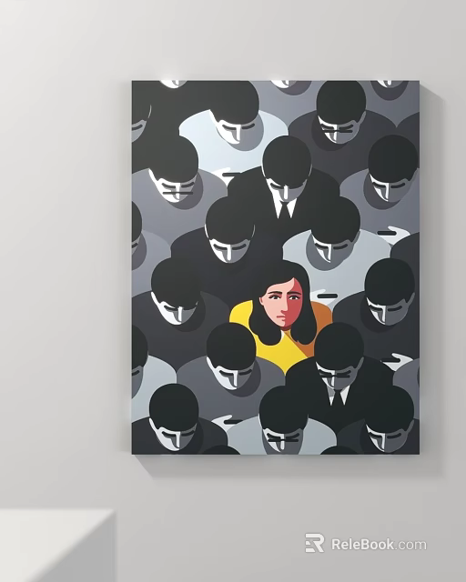 Figurative Portrait Painting of Central Female Figure With Yellow Top Amidst Surrounding Dark Clad Crowd 3d model 