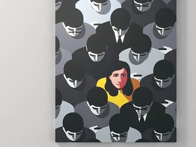 Figurative Portrait Painting of Central Female Figure With Yellow Top Amidst Surrounding Dark Clad Crowd 3d model