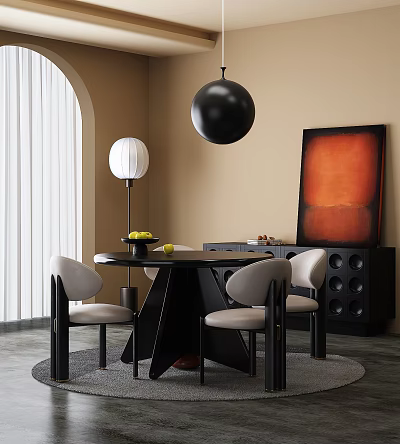 Round Black Dining Table Set With Beige Chairs Black Cabinet Orange Painting And Pendant Lights 3d model