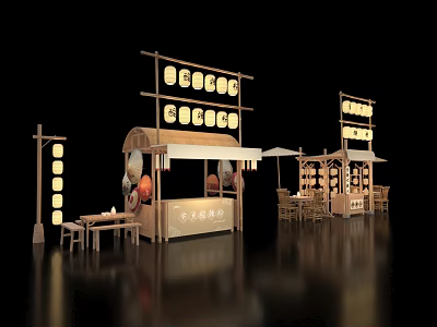 Japanese Street Food Stall With Wooden Structure Lanterns And Tables And Chairs 3d model