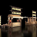 Japanese Street Food Stall With Wooden Structure Lanterns And Tables And Chairs