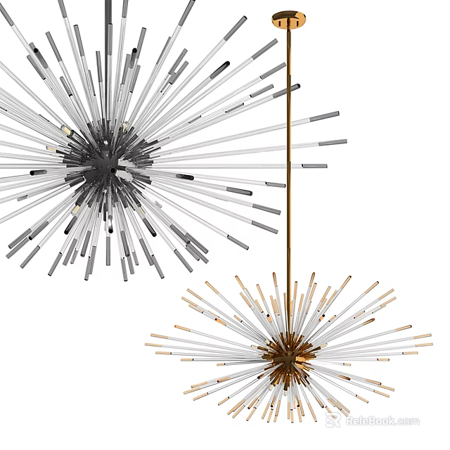Modern Chandelier Design With Radiating Metal Rods In Silver And Gold Tones 3d model 