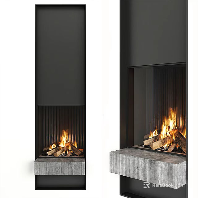 Modern Black Fireplace Design With Concrete Base And Burning Logs Flames 3d model