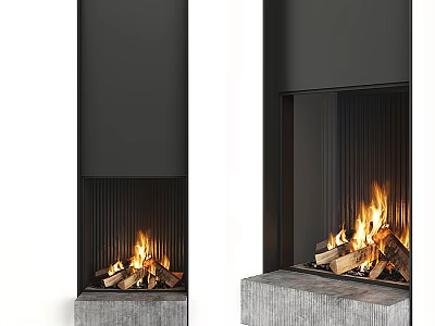 Modern Black Fireplace Design With Concrete Base And Burning Logs Flames 3d model