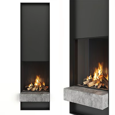 Modern Black Fireplace Design With Concrete Base And Burning Logs Flames 3d model