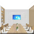 Modern Meeting Room With Wooden Table Chairs Word Art TV Windows Desktop And Bookshelves
