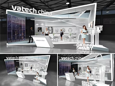 Vatech China Exhibition Booth With Modern White Design And Staff Displaying Products 3d model