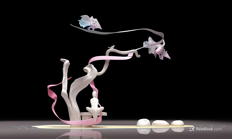 Artistic Decorative Sculpture Featuring Tree Like Structure Pink Ribbons Butterfly Seated Figure And White Spheres 3d model 