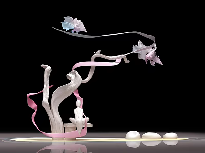 Artistic Decorative Sculpture Featuring Tree Like Structure Pink Ribbons Butterfly Seated Figure And White Spheres 3d model