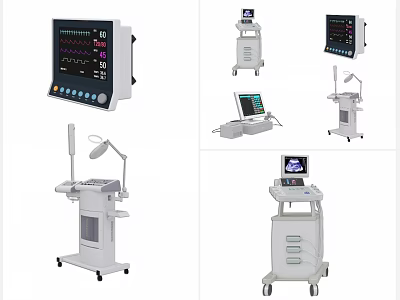 Professional Medical Devices With Patient Monitors And Wheeled Treatment Carts With Display Screens 3d model