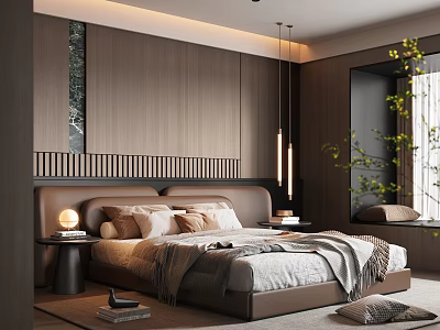 Modern Bedroom Interior Design With Wooden Walls Pendant Lights And Cozy Bedding 3d model