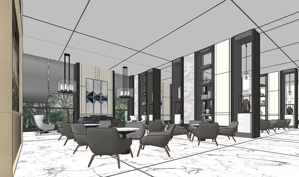 Modern Sales Office Interior with Marble Floor Pendant Lights Decorative Paintings and Lounge Seating 3d model 
