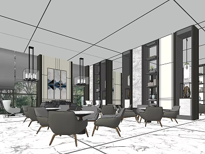 Modern Sales Office Interior with Marble Floor Pendant Lights Decorative Paintings and Lounge Seating 3d model