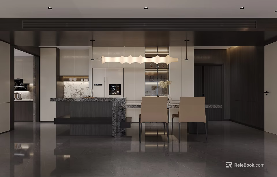 Modern Restaurant Interior Design With Dining Table Chairs And Elegant Lighting Fixture 3d model